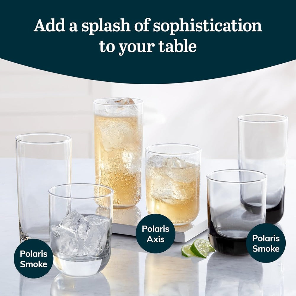 Polaris Tumbler and Rocks Glass Set of 16 | Smoke Hue Drinking Glasses with Straight-Line Design | Lead-Free Highball & Old Fashioned Glasses for Water